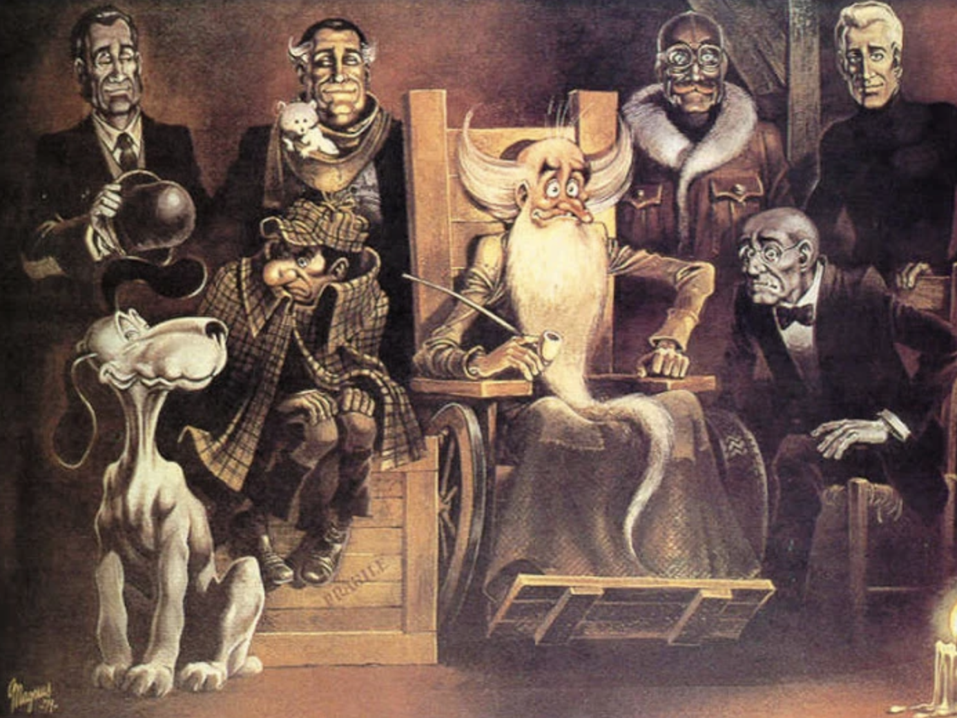 Candlelit caricature in the Victorian tradition: Sherlock Holmes in his deerstalker and Inverness cape sits on a crate marked FRAGILE, beside a howling white hound, a long-bearded sage in a high-backed chair, and a row of portrait busts of men of the Holmes legend.